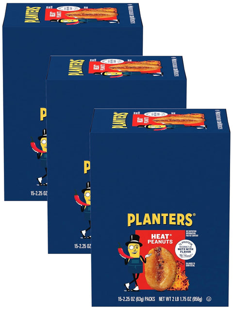 PLANTERS HEAT Peanuts, Spicy Plant Based Protein Snacks, 2.25 Oz (15 Ct) | Hot and Spicy. Roasted Nuts. Kosher. Bag. Snacks for Adults. Party Mix, Party Snacks