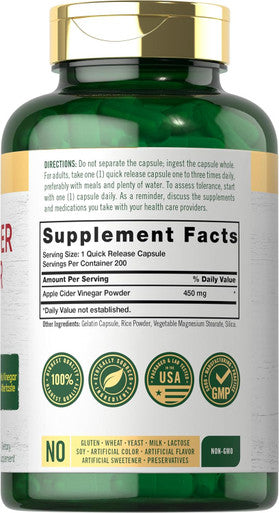 Carlyle Apple Cider Vinegar Capsules | 450mg | 200 Pills | Non-GMO Gluten Supplement