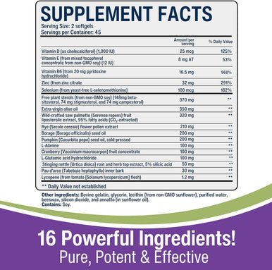 Roots Prostate Supplement + Super Blend 16 Powerful Herbals: Saw Palmetto, Plant Sterols, Rye Flower, Borage Oil, Cranberry, Olive Oil, Zinc, Selenium (14 Softgels) - Urinary Health Supplement