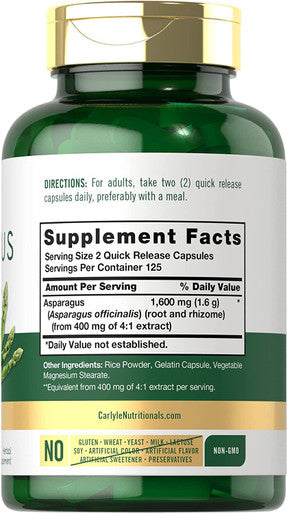 Carlyle Asparagus Supplement | 1600mg | 250 Powder Capsules | Non-GMO and Gluten Free Formula | High Potency Traditional Herb Extract