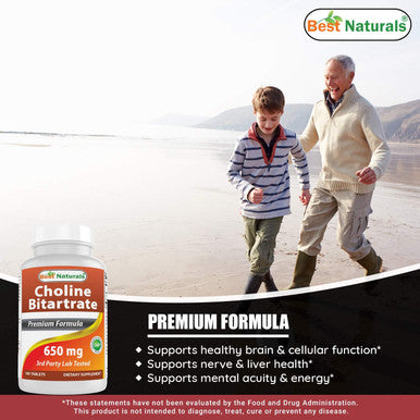 Best Naturals Choline Bitartrate 650 mg (Non-GMO) for Healthy Cognitive Brain Function 180 Tablets