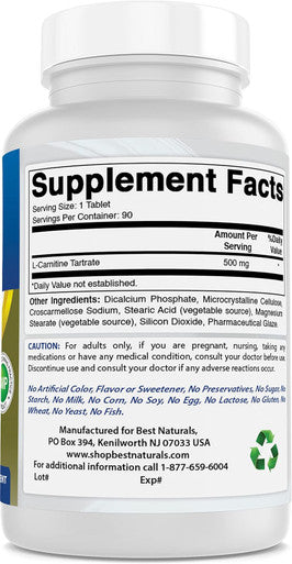 Best Naturals L-Carnitine Tartrate 500 mg 90 Tablets (90 Count (Pack of 3))