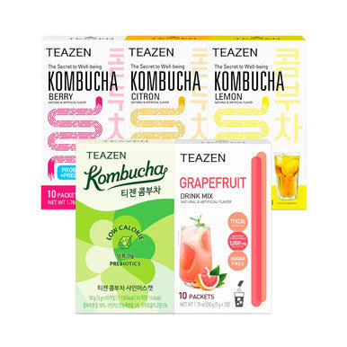 Teazen 5 Flavors 50 Sticks Variety Pack Kombucha Lemon Berry Citron Shine Muscat (40 Sticks) & Grapefruit Powdered Drink Mix (10 Sticks)