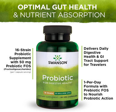 Swanson Probiotic for Digestive Health GI Tract Immune Support Travelers Support 20 Billion CFU with Prebiotic FOS 60 Veggie Capsules