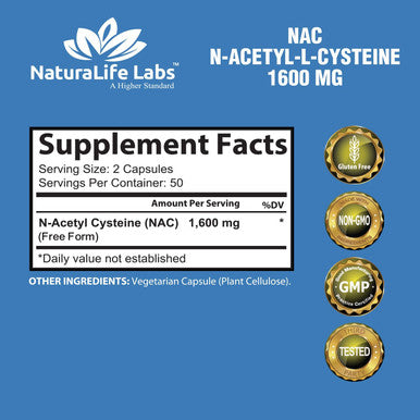Naturalife Labs A Higher Standard N-Acetyl-L-Cysteine (Nac) 1600 Mg 100 Veggie Capsules