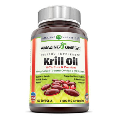 Amazing Omega Krill Oil With Omega 3S Epa, Dha Phospholipids And Astaxanthin 1000Mg Per Serving 120 Softgels (Non-Gmo,Gluten Free) - Supports Heart, Joint & Brain Health