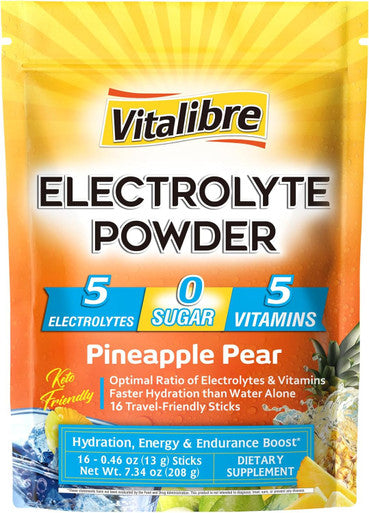 Vitalibre Electrolytes Powder Packets Magnesium, Potassium, Sodium, Vitamin C For Rapid Hydration Zero Sugar & Keto 16 Stick Packs Pineapple Pear Flavor