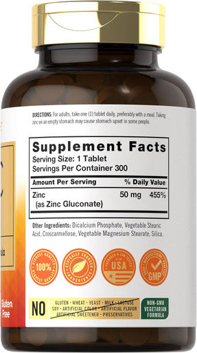 Carlyle Zinc 50Mg 300 Tablets Vegetarian, Non-Gmo, And Gluten Supplement Zinc Gluconate High Potency Formula