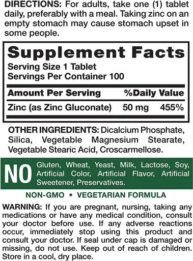 Nature's Truth Chelated Zinc 50mg | 100 Tablets | Essential Mineral Supplement | from Zinc Gluconate | Vegetarian, Non-GMO, Gluten