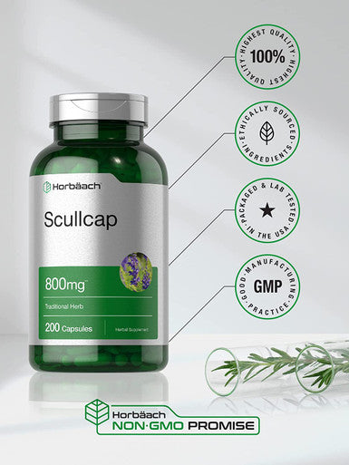 Scullcap Capsules 800 mg 200 Count Max Potency Value Size Non GMO and Gluten Free Scullcap Herb Supplement Scutellaria Baicalensis by Horbaach