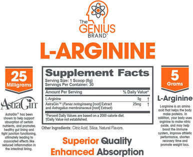 Genius L Arginine Powder Fermented LArginine Nitric Oxide Supplement Natural Muscle Builder NO Booster for Healthy Blood Pressure Protein Synthesis and Strength Building Lemon 30 Sv
