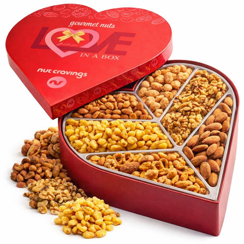 NUT CRAVINGS - Purim Mishloach Manot Mixed Nuts Gift Basket in Red Gold Box (7 Assortments, 1 LB) Ramadan Gifts Treats for Adults, Food Arrangement, Healthy Snack Care Package, Kosher