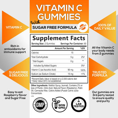 Nature'S Nutrition Sugar Vitamin C Gummies - Immune Support & Antioxidant Vitamin Dietary Supplement - Vegan Non-GMO Dairy & Gluten C Vitamin Gummy - Raspberry Flavor for Kids & Adults - 120 Count Gummies