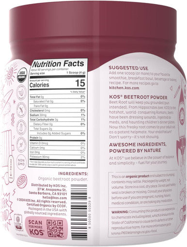 Kos Organic Beet Root Powder - Usda Certified, Non-Gmo, Gluten & Soy - 90 Servings