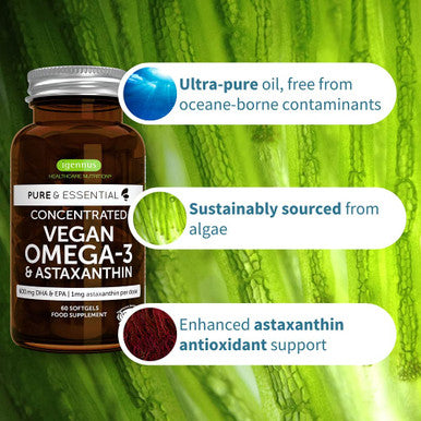 Pure & Essential Vegan Omega 3, High Concentration EPA DHA Algae Oil, Sustainable & Pure, Plus Astaxanthin, 600mg DHA & EPA for Heart, Brain & Eye Health, 60 Small Softgels