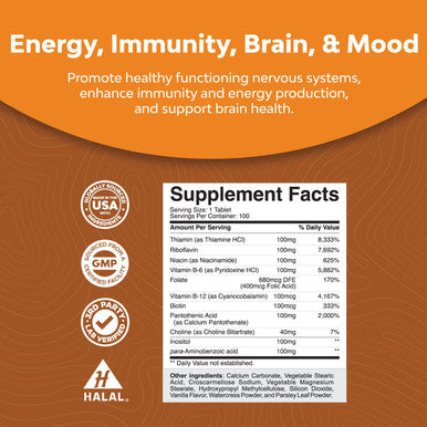 Vitamin B Complex Adult Multivitamin - Super B Complex Vitamins for Immune Support Mood Boost and Memory Supplement for Brain Support - Natural Energy Supplement with Active B Complex Vitamins