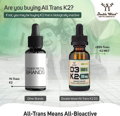 Vitamin D3 K2 Liquid Drops 5000 IU of D3 and 200mcg of 99.9 AllTrans Patented K2 MK7 K2Vital Max Absorption Immune Support for Kids and Adults 30 Servings by Double Wood Supplements