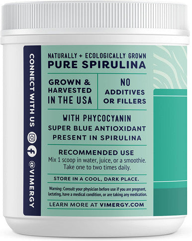 Vimergy Natural Spirulina Powder, 83 Servings Super Greens Powder Nutrient Dense Blue-Green Algae Superfood for Smoothies & Juices Immune Support - Non-GMO, Gluten-Free, Vegan & Paleo (250g)