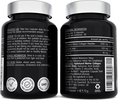 Marine Collagen Supplement 2400mg - 120 Capsules with Hyaluronic Acid and Vitamin C - Premium Type 1 Hydrolysed Collagen Tablets for Women and Men - High Strength Complex for Skin Bones Joints