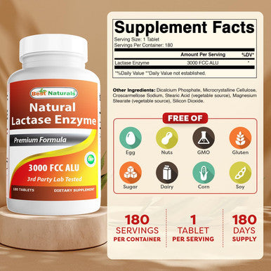 Best Naturals Fast Acting Lactase Enzyme Tablet 3000 Fcc Alu 180 Count (859375002900)