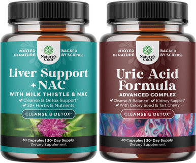 Natures Craft Bundle of Liver Support Supplement with NAC for Liver Cleanse and Vegan Uric Acid Cleanse and Detox for Men and Women's Joints Kidneys and More