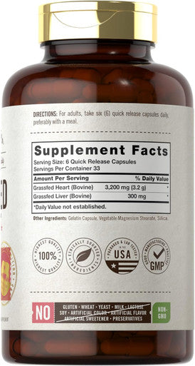Carlyle Grass Fed Beef Heart Supplement | 3200mg | 200 Count | Desiccated Pasture Raised Bovine Capsules | Non-GMO Gluten | by Herbage Farmstead