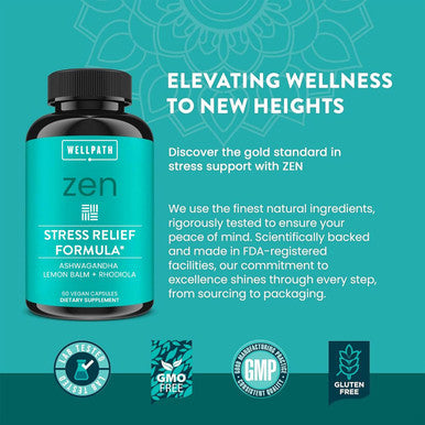 Wellpath Zen Stress Relief Supplement + Mood Support Calm, Stress & Energy Support Ashwagandha Root, Rhodiola Rosea, L-Theanine, Lemon Balm Herbal Capsules, 60 Ct
