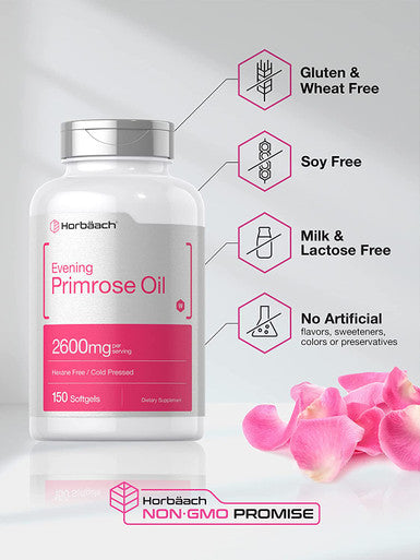 Evening Primrose Oil Capsules 2600mg | 150 Softgels | Hexane and Solvent Free Pills | Cold Pressed Supplement with GLA | Non-GMO, Gluten Free | by Horbaach