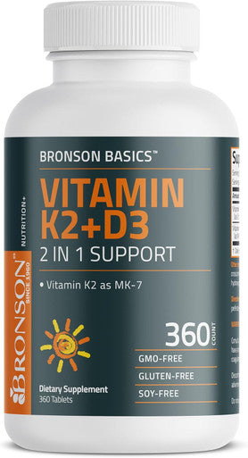 Bronson Basics Vitamin K2 D3 (Mk7) Supplement Non-Gmo Formula 5000Iu (125 Mcg) Vitamin D3 & 90 Mcg Vitamin K2 Mk-7 Easy To Swallow Vitamin D & K Complex, 360 Tablets