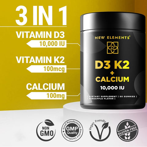 Elements Vitamin D3 K2 Gummies 10000 Iu With Calcium 100Mg - Vit D3 For Adults - Mk7 Vitamin K2 100Mcg - Vitamin D Supplement For Men & Women - Vegan Gluten Non-Gmo