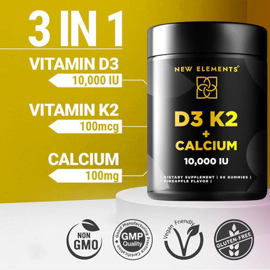 Elements Vitamin D3 K2 Gummies 10000 Iu With Calcium 100Mg - Vit D3 For Adults - Mk7 Vitamin K2 100Mcg - Vitamin D Supplement For Men & Women - Vegan Gluten Non-Gmo