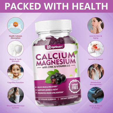 Calcium Magnesium Zinc With Vitamin D3 Supplement, Sugar Calcium Gummies For Women Men, High Absorption Zinc Gummies For Bone & Muscle & Immune Health, Vegan Elderberry Flavor - 60 Count