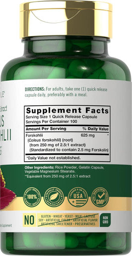 Carlyle Coleus Forskohlii Capsules | 625mg | 100 Count | Non-GMO & Gluten Standardized Extract | Forskolin Supplement
