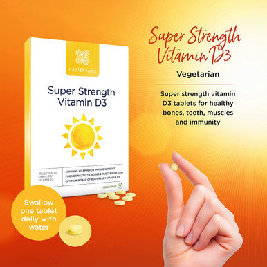 Healthspan Super Strength Vitamin D3 (60 Tablets) | Immune Health | Bone, Teeth & Muscle Health | Contains 1,000iu of Natural Source Vitamin D3 in Each Tablet | Vegetarian