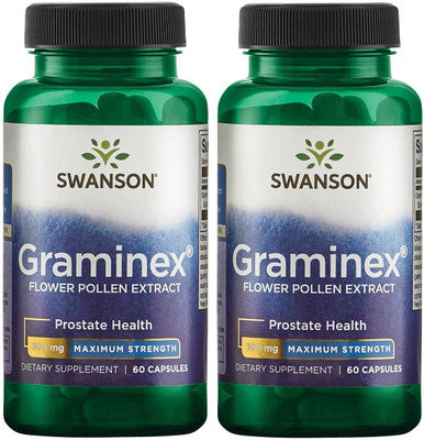 Swanson Maximum Strength Graminex Flower Pollen Extract - Supports Prostate Health Urinary Tract Function and Kidney Health - Mens Health Supplement - (60 Capsules 500mg Each) (2 Pack)