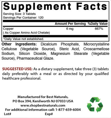Best Naturals Copper Chelate 6 mg per Serving- 360 Tablets