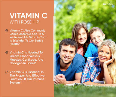 Nui Nutra Vitamin C with Rose Hips Supplement | 1000mg | 200 Capsules | Promotes Healthy Heart & Skin | Supports Immune System Strength | Antioxidant Protection