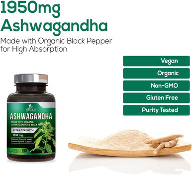 Organic Ashwagandha 1,950 mg - Vegan Ashwagandha Root Supplement - Relax, Calm, Focus & Unwind with Potent Mood, Stress & Immune Support - Extra Strength Extract Powder, Non-GMO - 180 Capsules