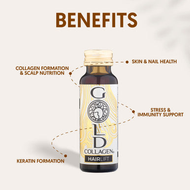 GOLD COLLAGEN Hairlift - Biotin Hair Growth Marine Collagen Supplements for Women & Men with Vitamin C and B6 Hyaluronic Acid Zinc and Keratin Hair Treatment Skin and Nails 10 Bottles 50 ml Each