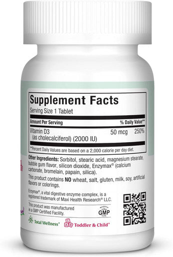 Maxi Health Chewable Vitamin D3 2000 IU Supplement - Delicious Natural Bubble Gum Flavor - Supports Calcium Absorption Immune and Bone Health in Adult Women Men Children & Toddlers - 200 Chews