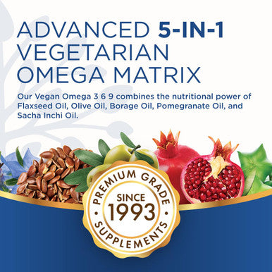 Omega 369 Vegan and Vegetarian Omega Formula 5 in 1 Essential Fatty Acid Complex Scientifically Formulated PlantBased Omega 3 6 9 Essential Fatty Acids EFA from Purity Products 60