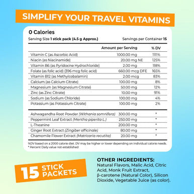 Travel Vitamin Tonic For Flight, Jet Lag, Hydration, Circulation, Digestion & Immune Support, Promotes Calmness, Electrolyte Powder, Travel Essentials, Passion Fruit Tangerine, 15 Sticks