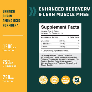 Branch Chain Amino Acids Supplement - Vegan BCAA Capsules Post Workout Muscle Recovery and Muscle Growth Support - Branched Chain Amino Acids Supplement for Men and Womens Workout Recovery 60 Count