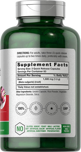 Beet Root Powder Capsules 1500mg | 250 Pills | Herbal Extract | Non-GMO, Gluten Free, and DNA Tested Supplement | by Horbaach