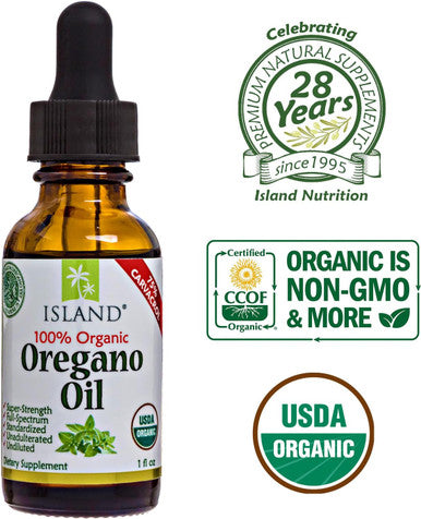 Island Nutrition , Oregano Oil Organic Liquid Drops - 100% Pure & Undiluted - Usda-Certified Organic (1 Oz) 75% Carvacrol - Grown In Spain - Immune Support Supplement With Oil Of Oregano.