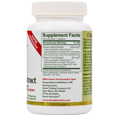 Island Nutrition , Olive Leaf Extract Capsules 25% Oleuropein (40% Total Polyphenols), Plus 20% Hydroxytyrosol Complex 100% Grown & Extracted In Spain (90 Caps), Real European Olive Leaf Extract