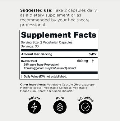 Toniiq Ultra High Purity Resveratrol Capsules 98% Trans Resveratrol Highly Purified and Highly Bioavailable 60 Capsules Reservatrol Supplement