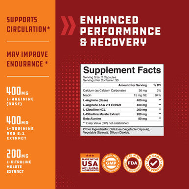 Nitric Oxide Support Pills Natural Workout Supplement and Exercise Enhancer Boost Energy Strength Recovery Muscle Builder Pure L Arginine and L Citrulline Amino Acid Capsules by Natures Craft