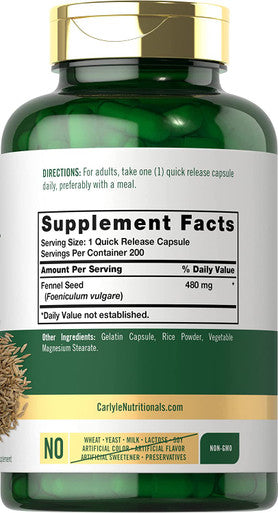 Carlyle Fennel Seed 480mg | 200 Capsules | Herbal Supplement | Non-GMO