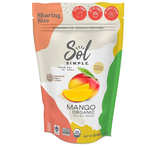 SOL SIMPLE Organic Dried Mango | 6oz Snack Pack (2 Bags Total) | One Ingredient | Vegan | Non-GMO | No Added Sugar | Fair Trade | Dried Fruit | Mango